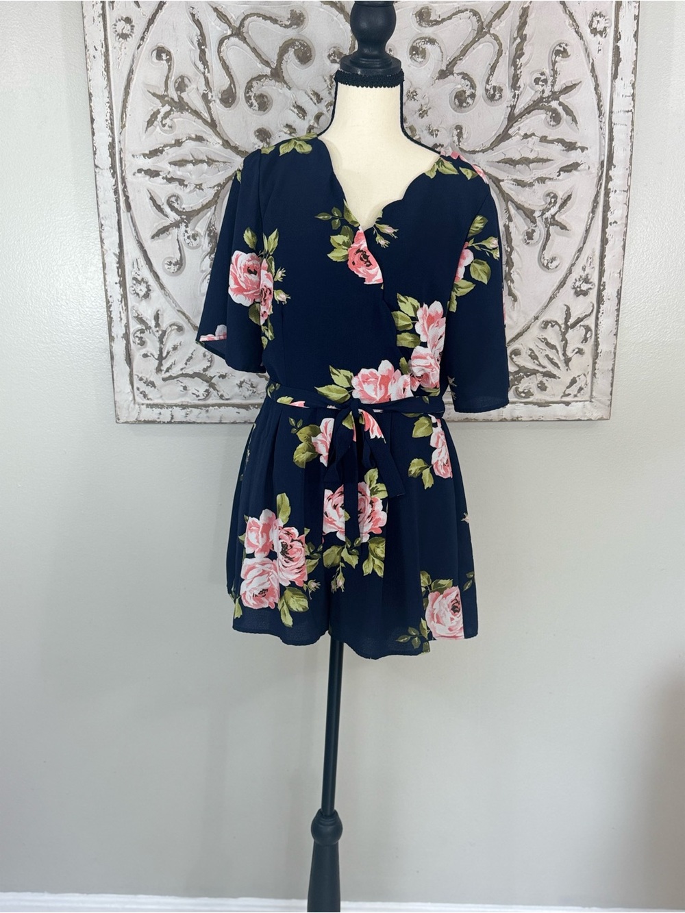Altar'd State Navy Romper with Pink Rose Floral Print
